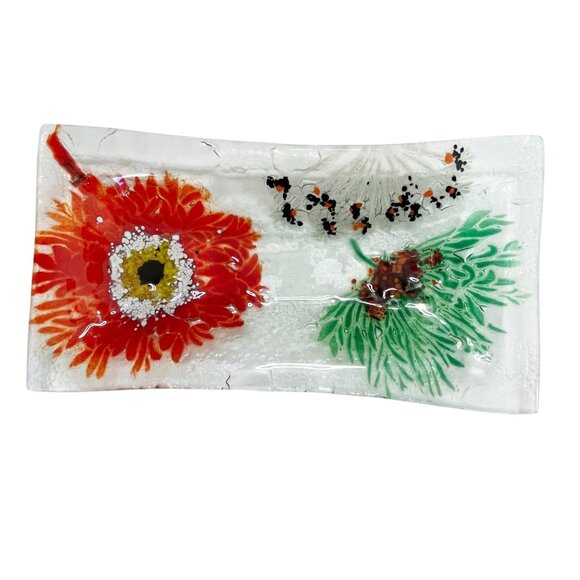 Rectangular Fused Floral Art Glass Dish Tray Flower Design 13x7 - Picture 1 of 7